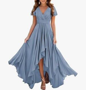 Wedding Bridesmaid Dress V Neck Chiffon Flutter Sleeve Formal Gown Size 14 Blue